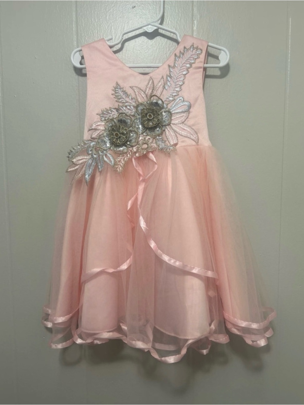 Girls Light Pink Floral Appliqué Tulle Dress